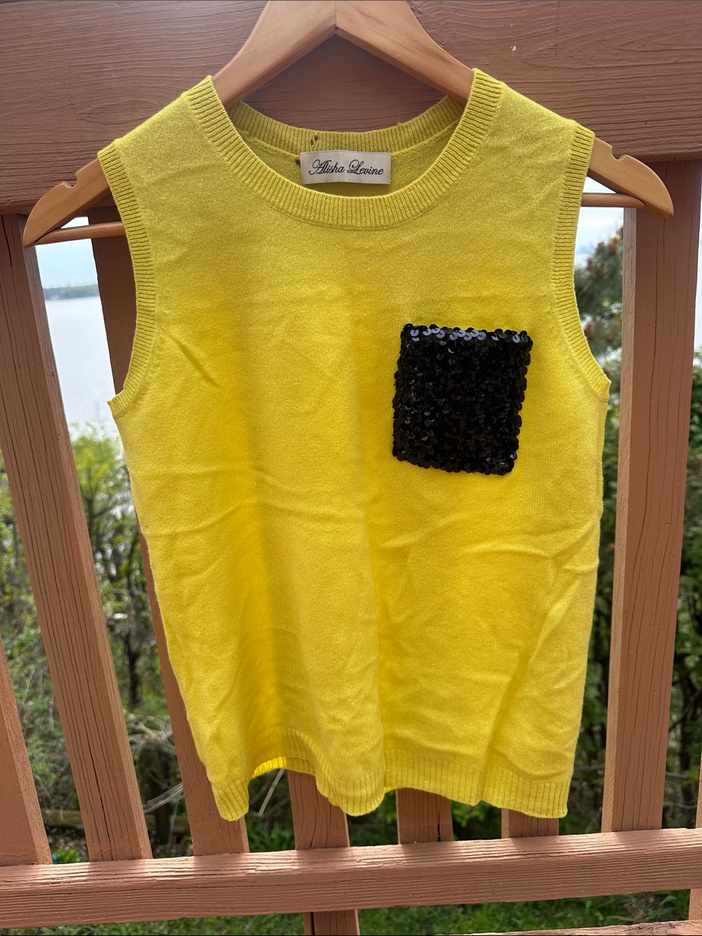 Cashmere Yellow Sleeveless Sweater Tank with Black Sequin Pocket